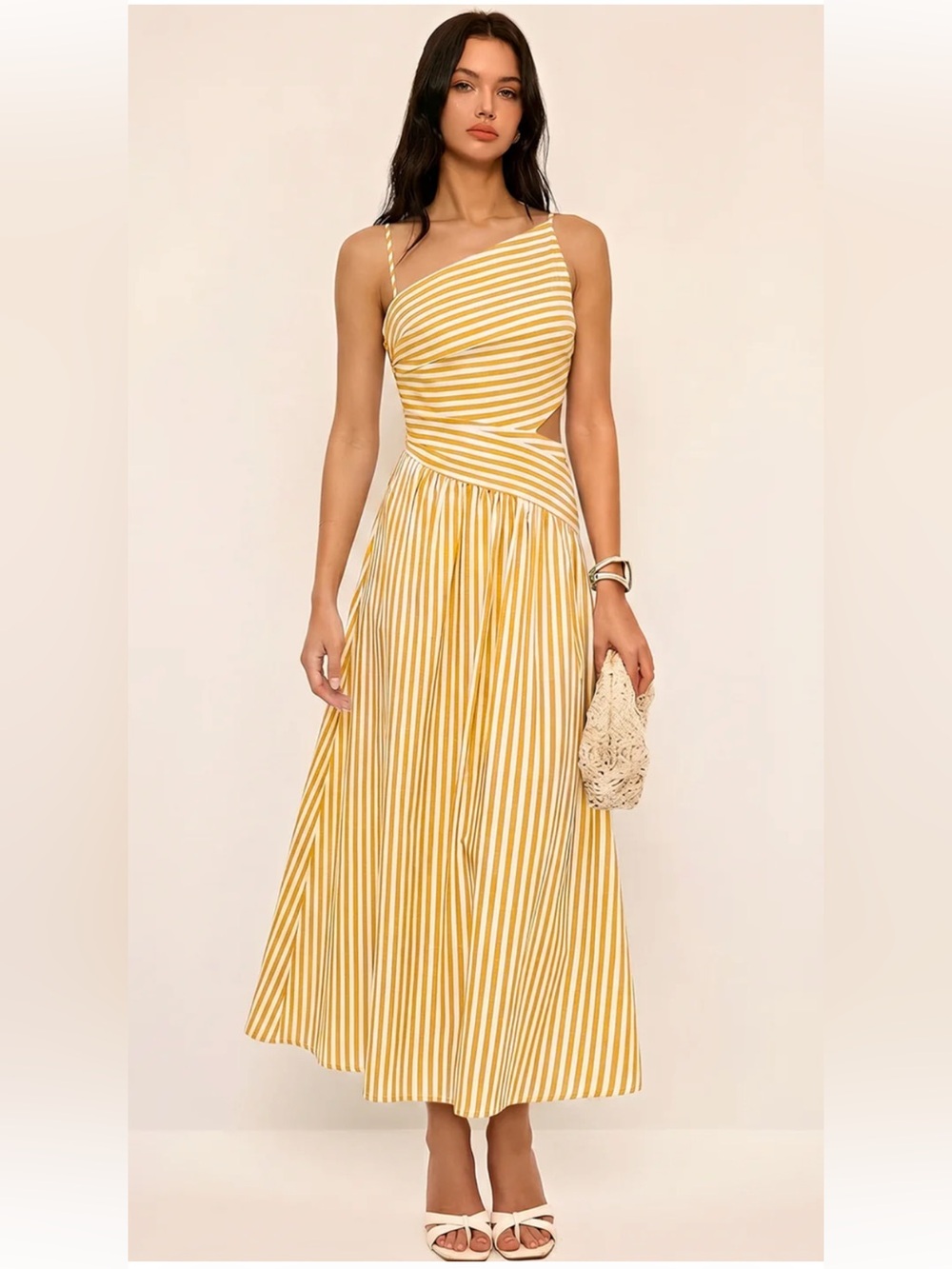 Commense Striped Cut-Out Asymmetric Cami Maxi Dress